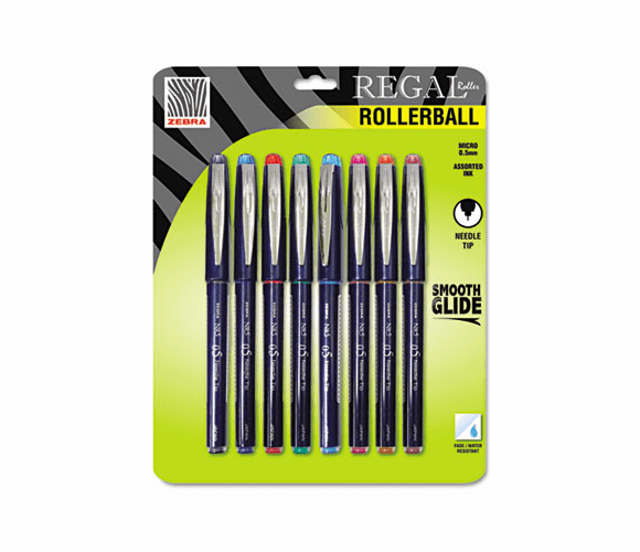 ZEB44808 Regal Roller Ball Stick Pen, Assorted Ink, Needle, 8 per Pack By ZEBRA PEN CORP.