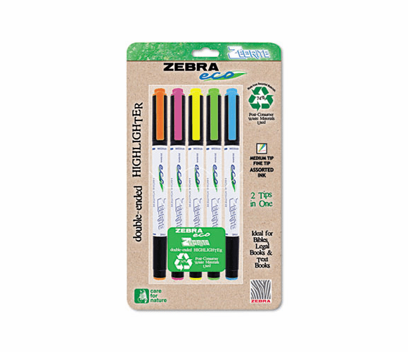 ZEB75005 Eco Zebrite Double-Ended Highlighter, Chisel/Fine Point Tip, 5/Set By ZEBRA PEN CORP.