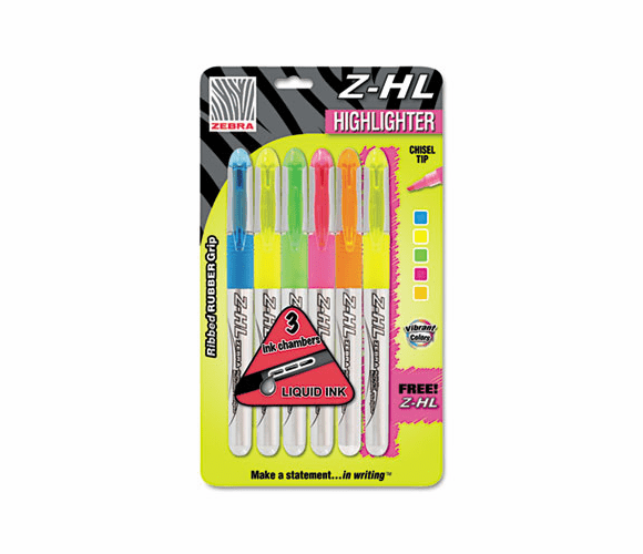 ZEB77005 Z-HL Three-Chamber Liquid Highlighter, Chisel Tip, Assorted Colors, 6/Pk By ZEBRA PEN CORP.