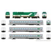 Rapido Trains 226006 HO Scale GO Transit (GP40TC, 2 Coaches and 1 Cab Car) (GP40TC - Early Green Scheme) (Cab - Stripes Scheme) DC/Silent GP40TC 505 Cab Coach 106 Coaches 1024 1053