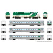 Rapido Trains 226008 HO Scale GO Transit (GP40TC, 2 Coaches and 1 Cab Car) (GP40TC - Late Green Scheme) (Cab - Stripes Scheme) DC/Silent GP40TC 507 Cab Coach 104 Coaches 1064 1104