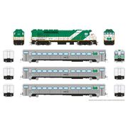 Rapido Trains 226507 HO Scale GO Transit (GP40TC, 2 Coaches and 1 Cab Car) (GP40TC - Late Green Scheme) (Cab - Stripes Scheme) DC/DCC/Sound GP40TC 501 Cab Coach 103 Coaches 1037 1081