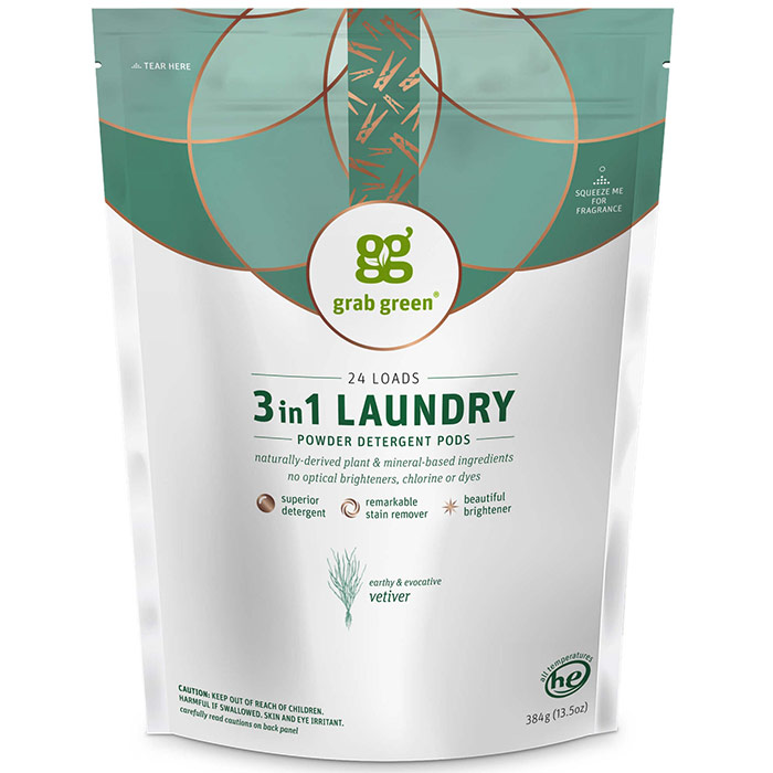 Grab Green, 3 in 1 Laundry Powder Detergent Pods, Vetiver, 24 Loads, 13