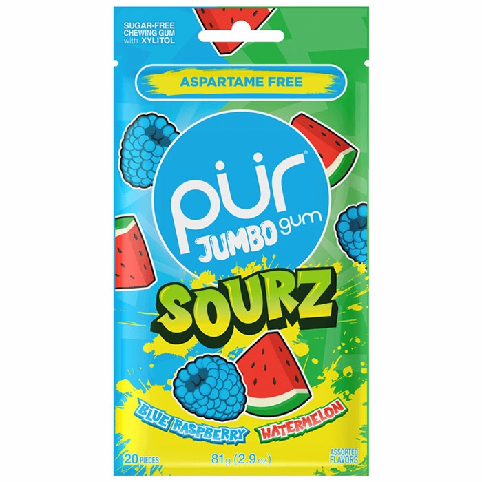 Jumbo Sourz Gum - Blue Raspberry & Watermelon, 20 Pieces, PUR