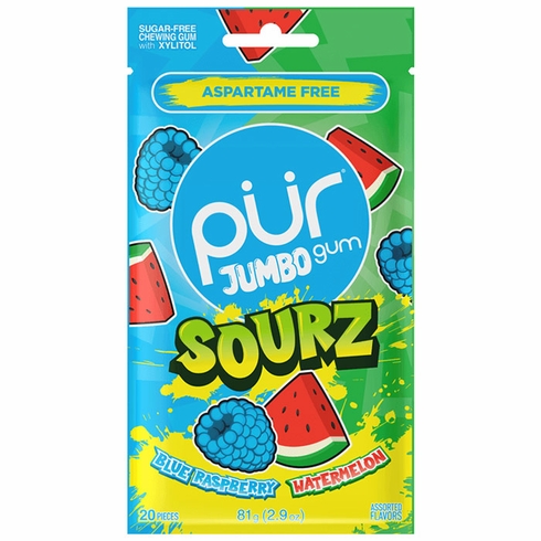 Jumbo Sourz Gum - Blue Raspberry & Watermelon, 20 Pieces, PUR