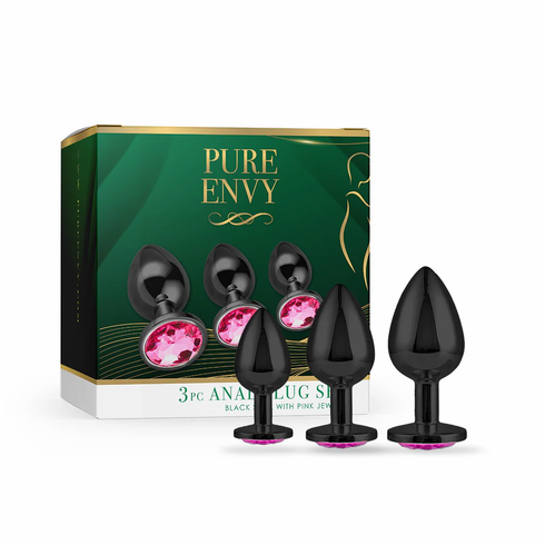 Black Steel Anal Plug - 3 pc Set Black/Pink Stainless Steel