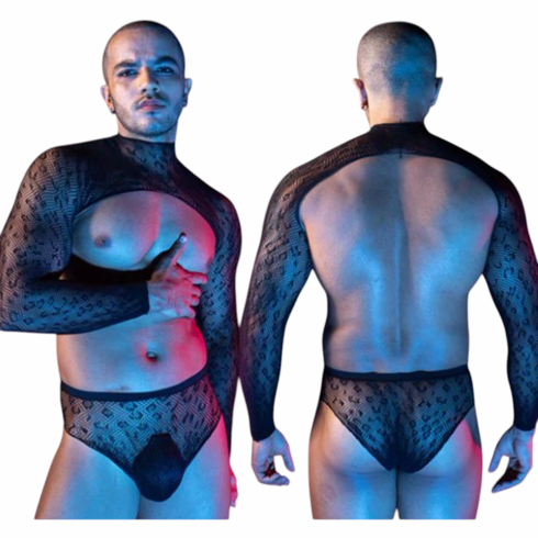 Bolero Fishnet Top with Matching Brief Black O/S