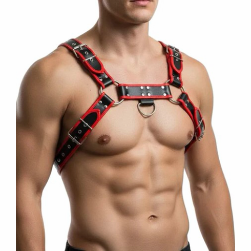 Bulldog PU Leather Harness Black with Red Piping One Size