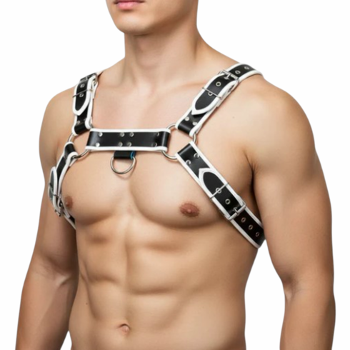 Bulldog PU Leather Harness Black with white piping One Size