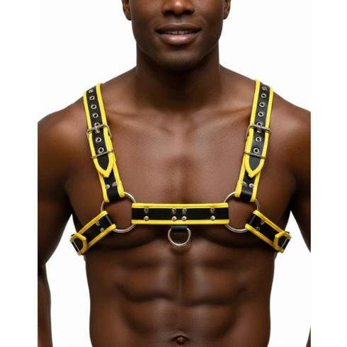 Bulldog PU Leather Harness Black with Yellow piping One Size