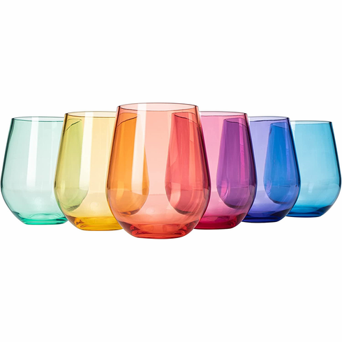 Colored Stemless Wine Glasses - 6 pc Set Rainbow 15 oz