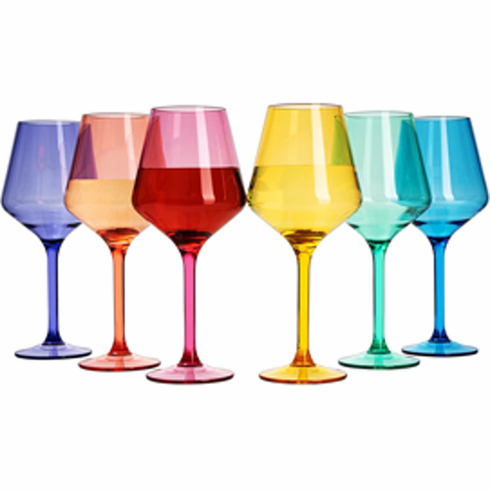 Colored Stemmed Wine Glasses - 6 pc Set Rainbow 15 oz