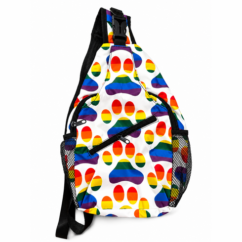 Crossbody Bags/Sling Backpack White with Rainbow Paws