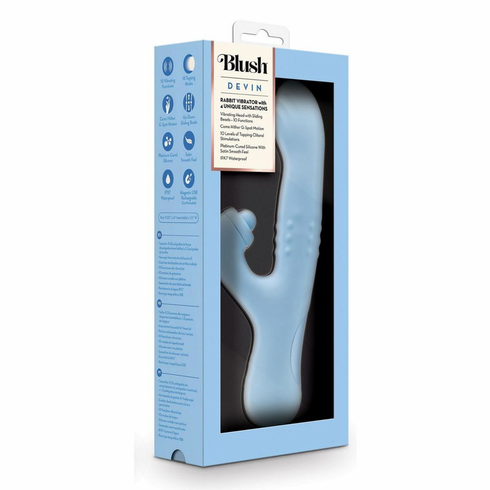Devin Rechargeable Silicone Rabbit Vibrator Blue 4" Silicone