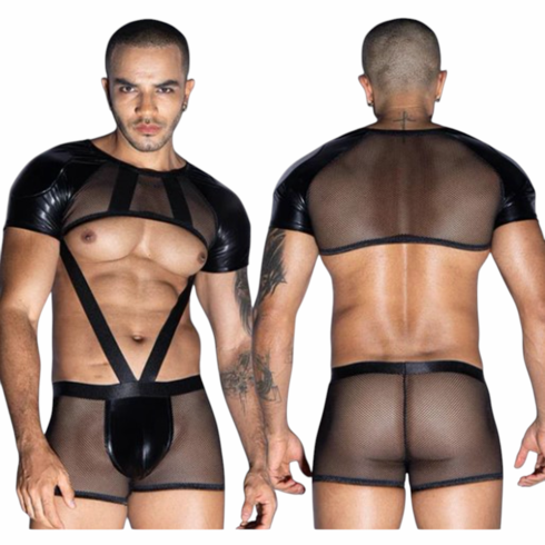 Fishnet Crop Top with Matching Brief Black O/S