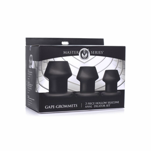 Gape-Grommets Hollow Silicone Anal Dilator Set - 3 pc Set Black Silicone