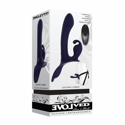 Giving Vibes Rechargeable Silicone Triple Stimulation Strap-On Purple 5.7" Silicone Remote