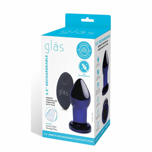 Glas Rechargeable Vibrating Glass Plug with Remote Control Blue 3.5"