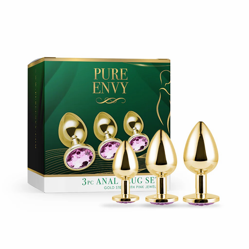 Gold Plated Anal Plug - 3 pc Set Gold/Pink Stainless Steel