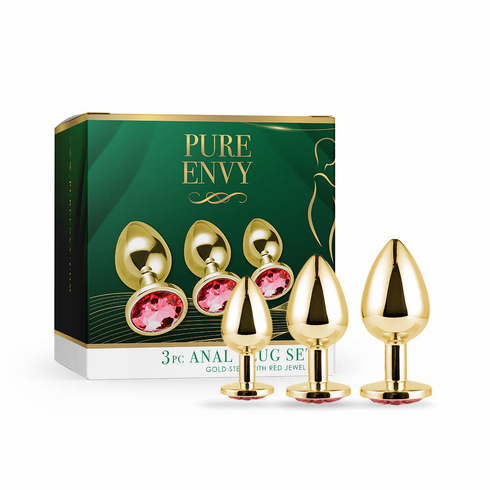 Gold Plated Anal Plug - 3 pc Set Gold/Ruby Stainless Steel