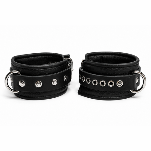 Handmade Leather Ankle Cuffs Black 13" Adjustable
