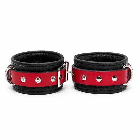 Handmade Leather Ankle Cuffs Black & Red 13" Adjustable