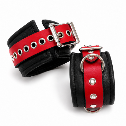 Handmade Leather Wrist Cuffs Black & Red 10" Adjustable