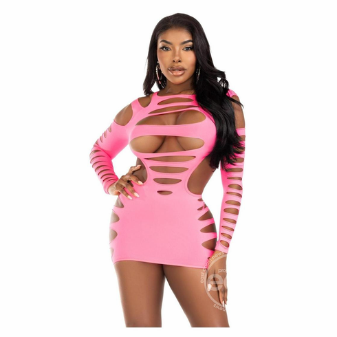 Hits Different Shredded Mini Dress Neon Pink One Size