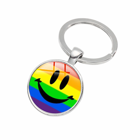 Key Chain - Glass Cabochon/Smiley Rainbow