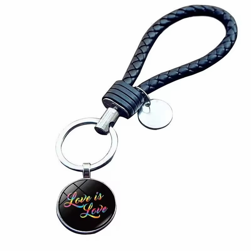 Key Chain - Glass Cabochon with Black Cord/Love Is Love