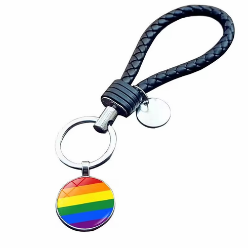 Key Chain - Glass Cabochon with Black Cord Rainbow