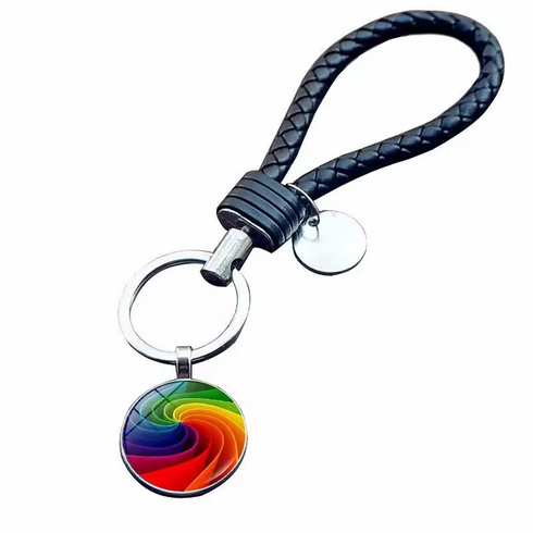 Key Chain - Glass Cabochon with Black Cord Rainbow Rainbow