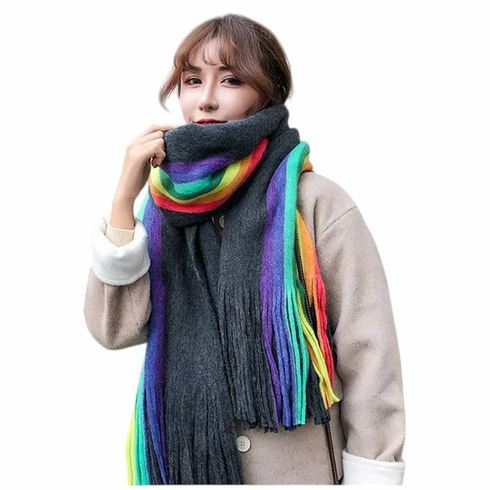 Knit Striped Cardigan Scarf Black/Rainbow One Size