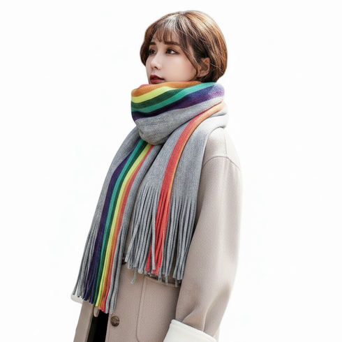 Knit Striped Cardigan Scarf Gray/Rainbow One Size