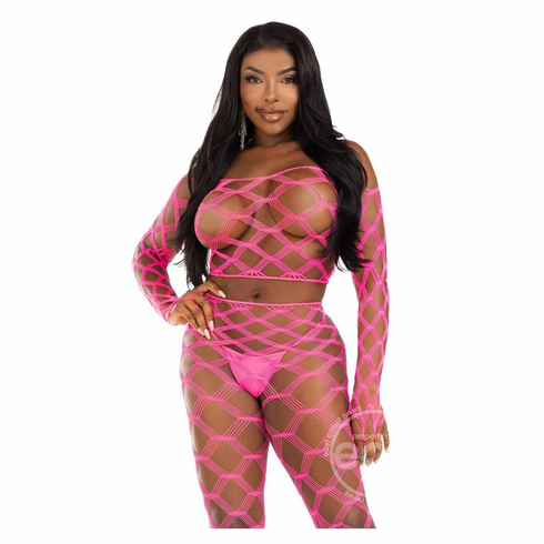 Never Say Never Crop Top and Tights Set Neon Pink One Size Crop Top/Pantyhose