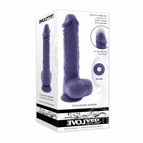 Pleasure Rider Rechargeable Silicone Thrusting Vibrating Dildo with Remote Purple 8.7" Silicone Remote