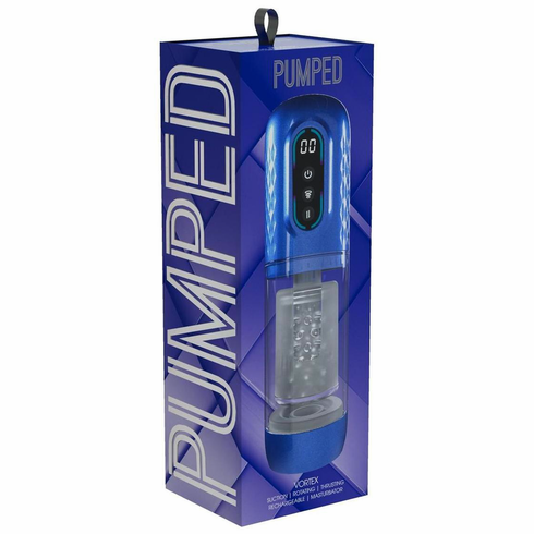 Pumped Vortex Multi Function Suction Rotating Thrusting Rechargeable Masturbator - Metallic Blue