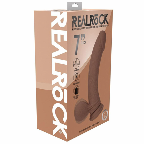 Rechargeable Silicone Dual Layered Vibrating Curved Dildo with Weighted Balls Silicone 7" Caramel