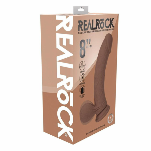 Rechargeable Silicone Dual Layered Vibrating Curved Dildo with Weighted Balls Silicone 8" Caramel