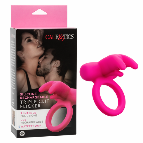 Silicone Rechargeable Triple Clit Flicker Cock Ring Purple One Size Silicone Remote