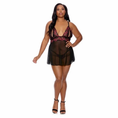 Split Cup Baby Doll & G-String Panty Black/Red Plus Size