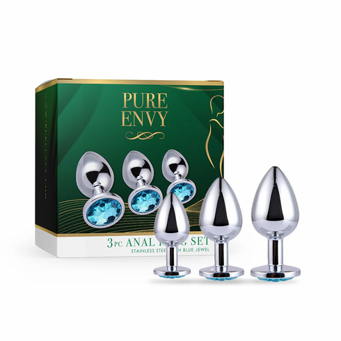 Stainless Steel Anal Plugs - 3 pc Set Silver/Aqua Stainless Steel