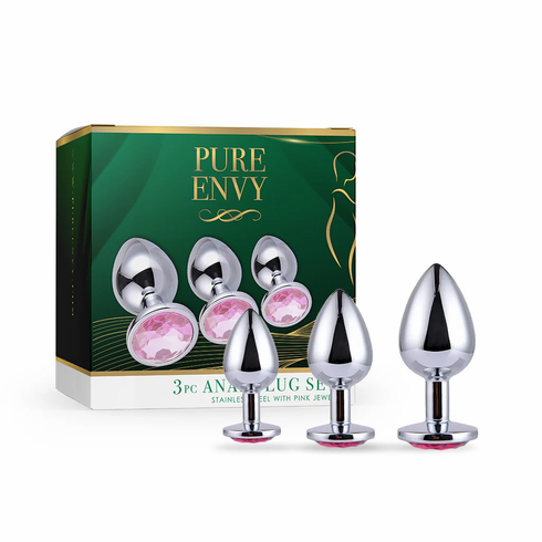 Stainless Steel Anal Plugs - 3 pc Set Silver/Pink Stainless Steel