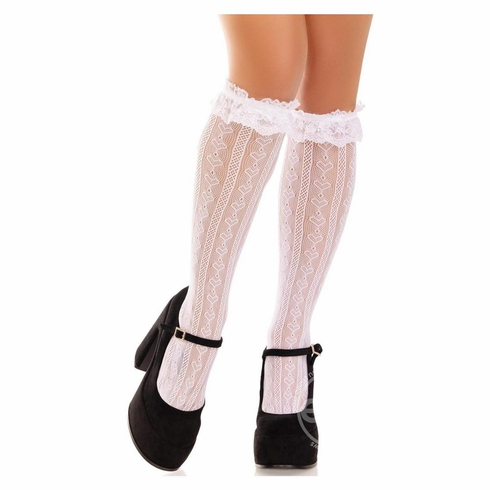 Sweetheart Knit Knee Highs with Lace Ruffle Cuff White One Size