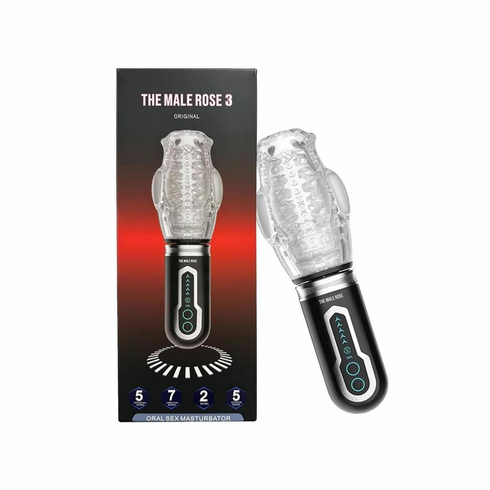 The Male Rose 3 Rechargeable Thrusting Rotating Masturbator Clear/Black 3.5" TPE/TPR/ABS