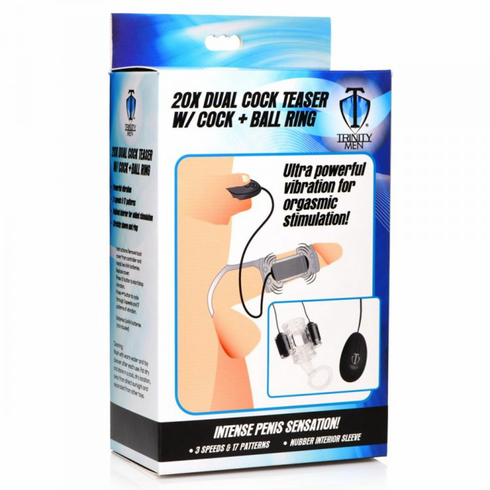 Trinity Men 20X Dual Cock Teaser with Cock & Ball Ring Clear One Size TPE/TPR/ABS Remote