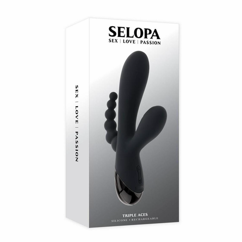 Triple Aces Rechargeable Silicone Triple Rabbit Vibrator Black 7.7" Silicone