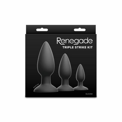Triple Strike Silicone Anal Plug Kit - 3 pc set Black Silicone