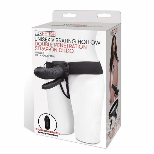 Unisex Vibrating Hollow Double Penetration Strap-On Dildo with Wired Remote  Black 8.5" Remote