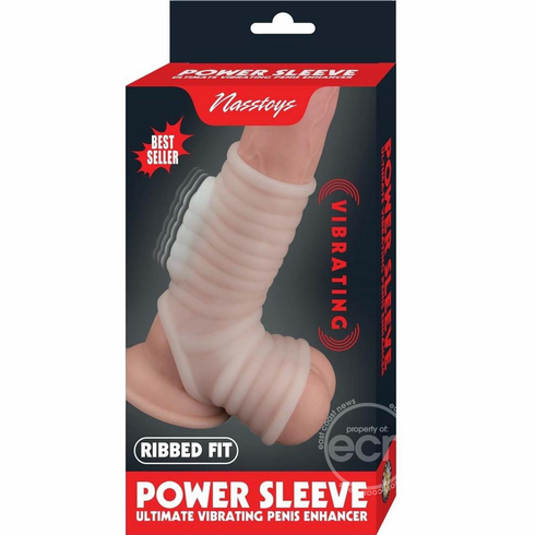 Vibrating Power Sleeve Ribbed Fit White One Size TPE/TPR/ABS